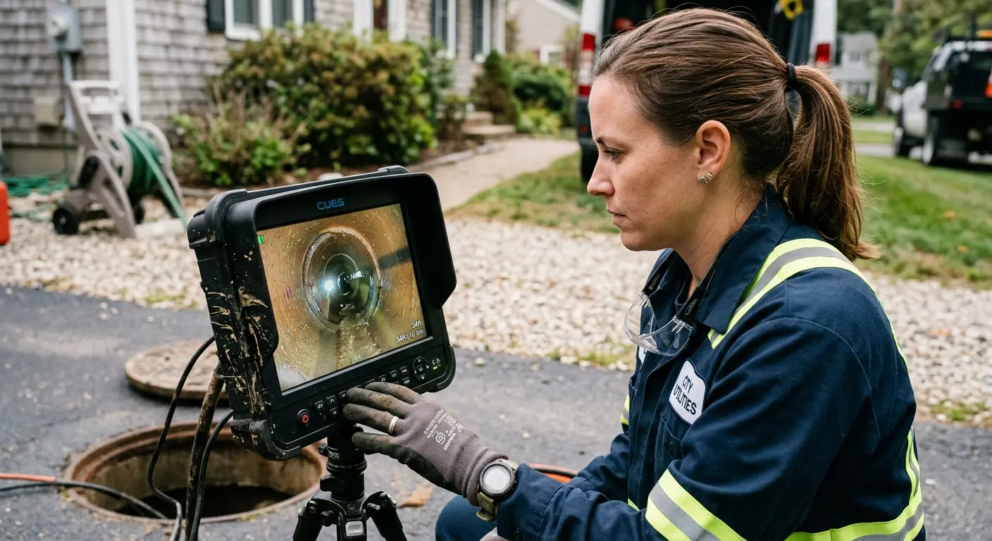 Technician reviewing sewer camera inspection footage in Weddington