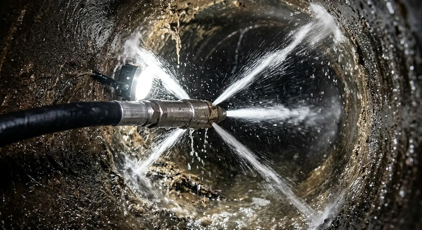 High-pressure hydro jetting nozzle cleaning sewer pipe for Trenchless Sewer Repair in Weddington
