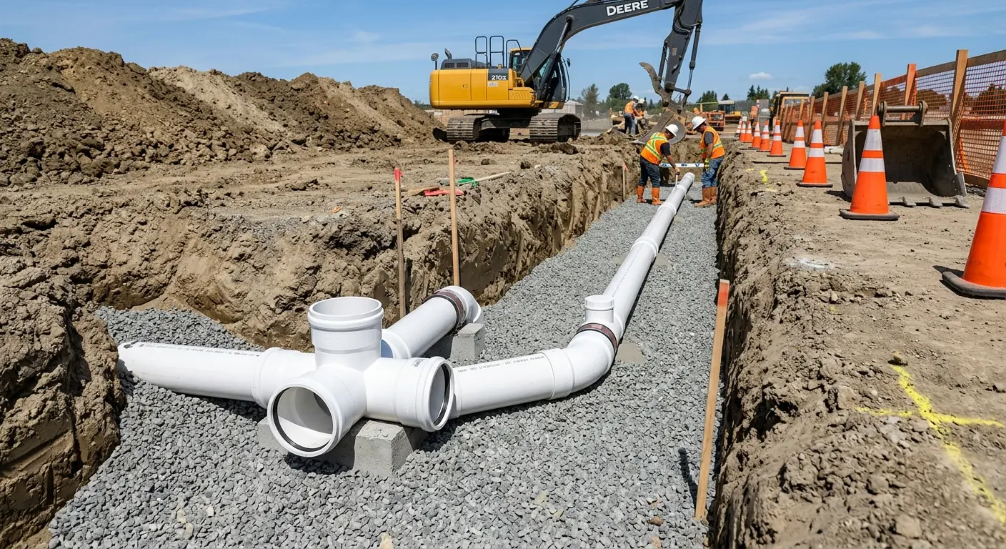 New PVC sewer pipe installation in open trench for Commercial Drain Cleaning in Weddington