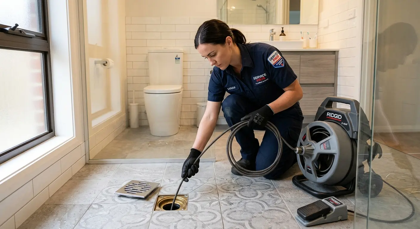 Technician clearing a bathroom floor drain for Hydro Jetting in Weddington